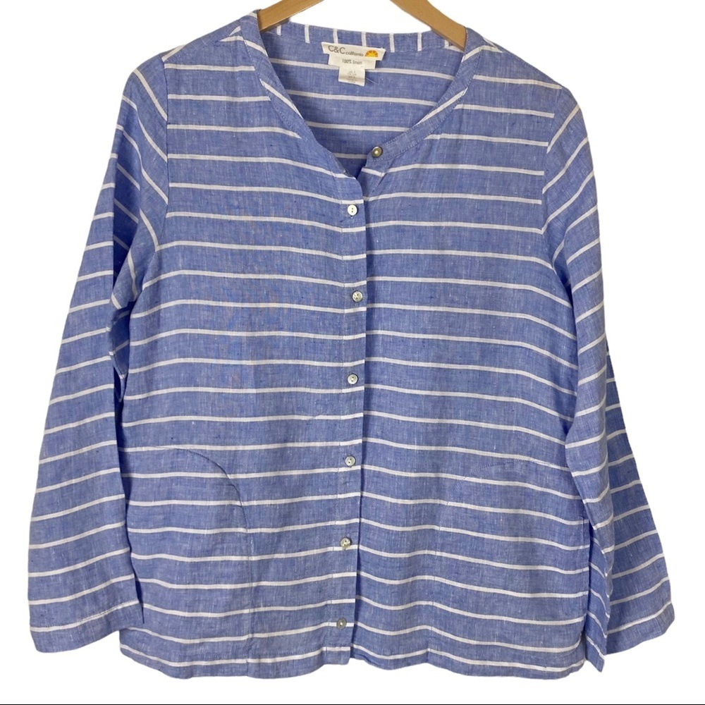 Linen C&C CALIFORNIA Linen Blue Stripe Button-Front Blouse Small Boxy Coastal